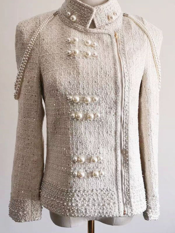 Pearl sequins heavy beaded shoulder pearl tassel jacket women