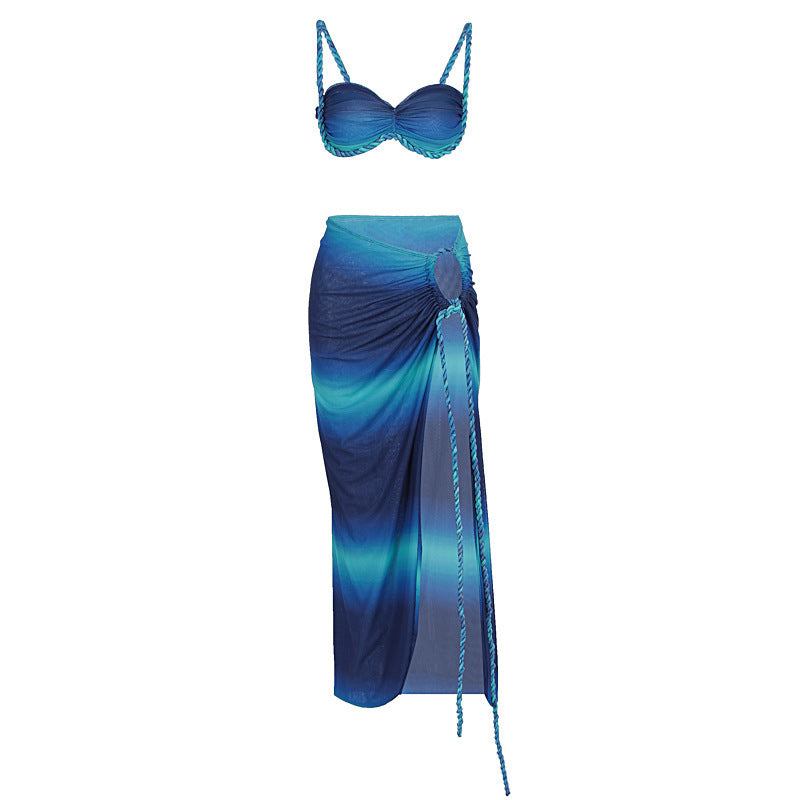 Sexy Fashion Beach Swimsuit Woven Halter Top Top Split Skirt Suit