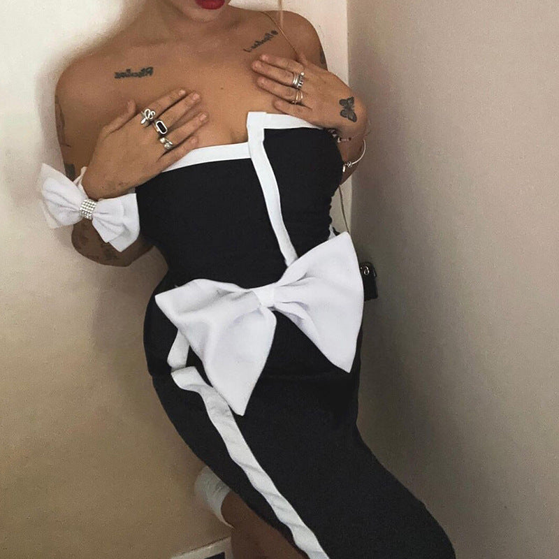 Black And White Color-blocking Bow Irregular Tube Top One-piece Swimsuit For Women