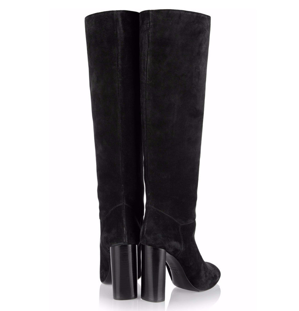 Black Suede Round Toe Chunky Heel Boots