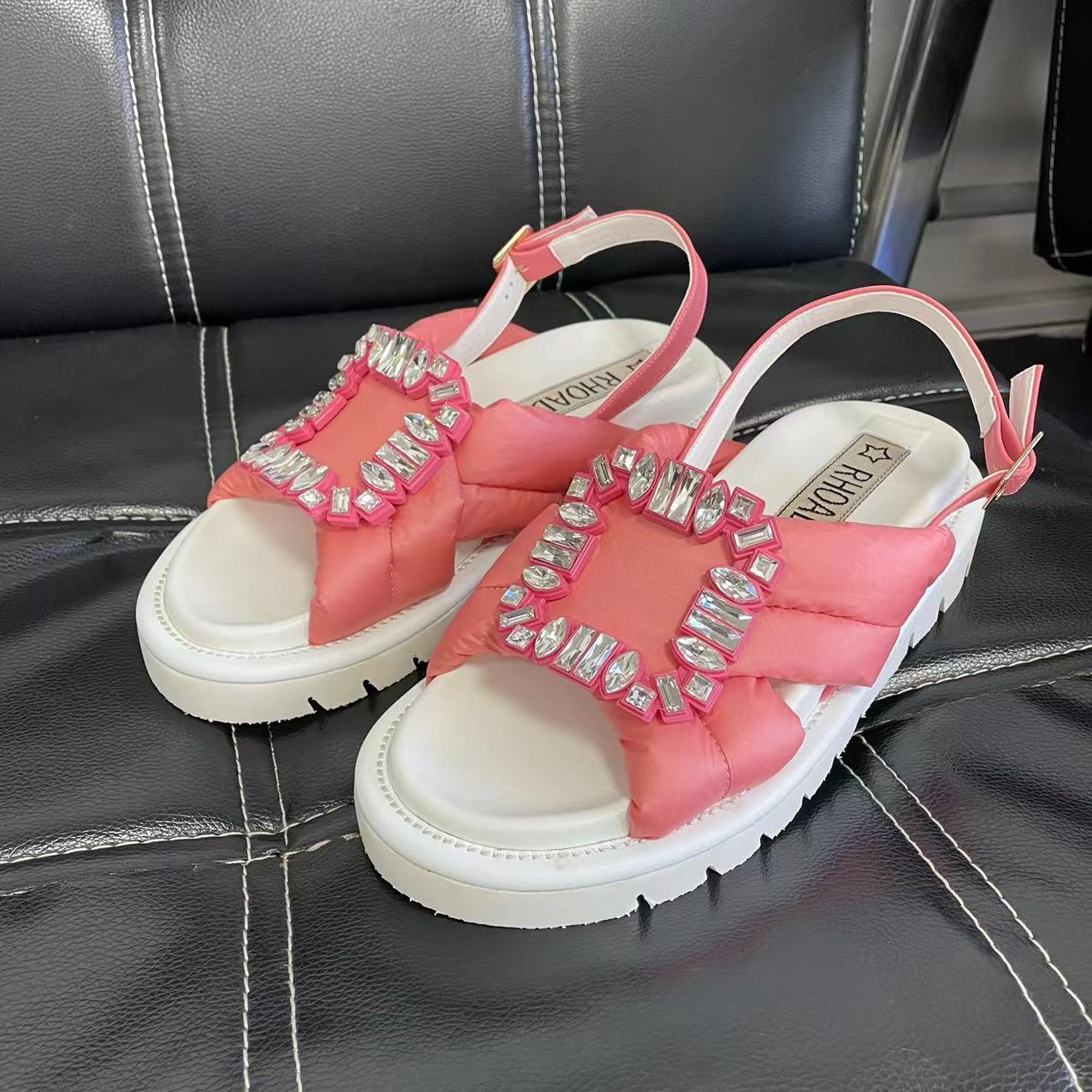 Women's Fashion Casual Rhinestone Square Buckle Flat Sandals