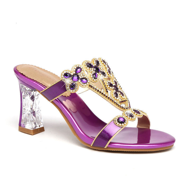 High-heeled Rhinestone Sandals Fashion Block-heeled Diamond Flower Sandals