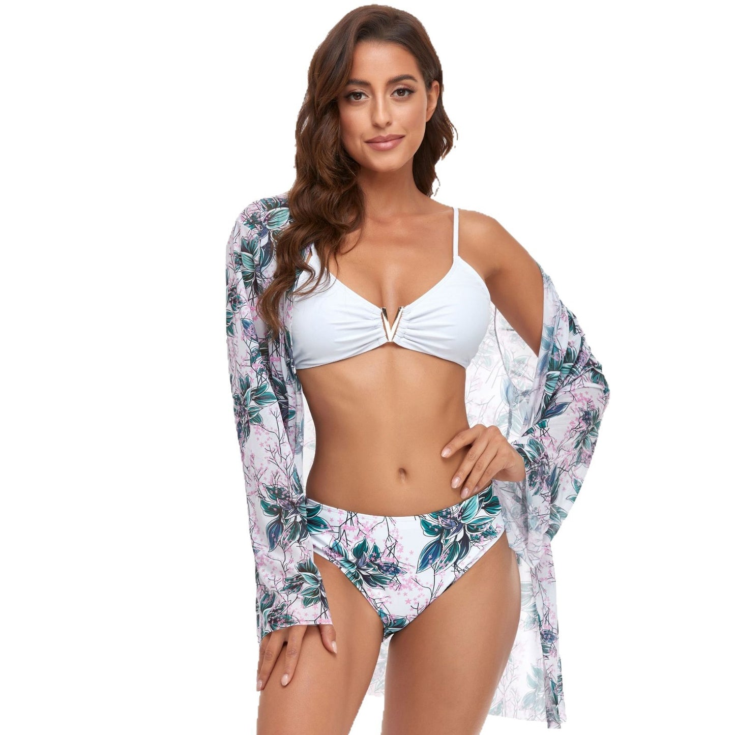 Three-Piece V Buckle Solid Color Printing Triangle Bikini
