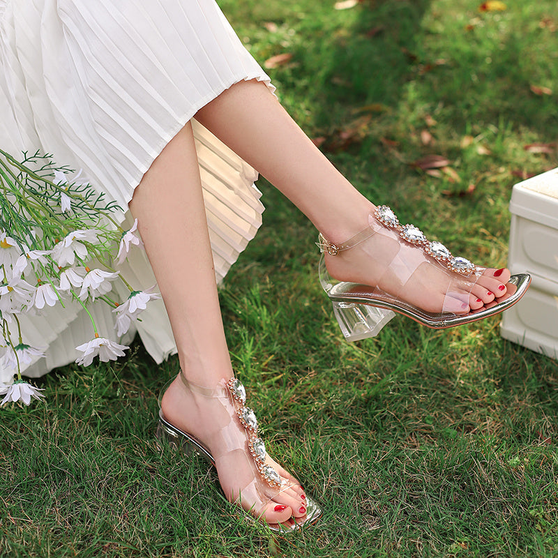 Women's Crystal And Sequins Buckle Strap All-match Chunky Heel Sandals
