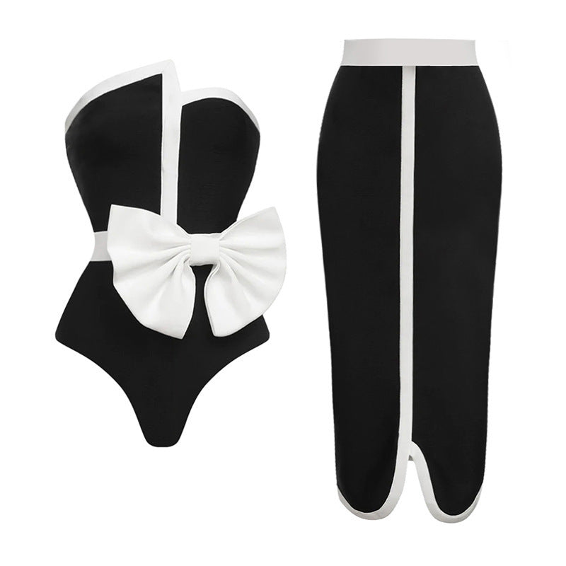 Black And White Color-blocking Bow Irregular Tube Top One-piece Swimsuit For Women