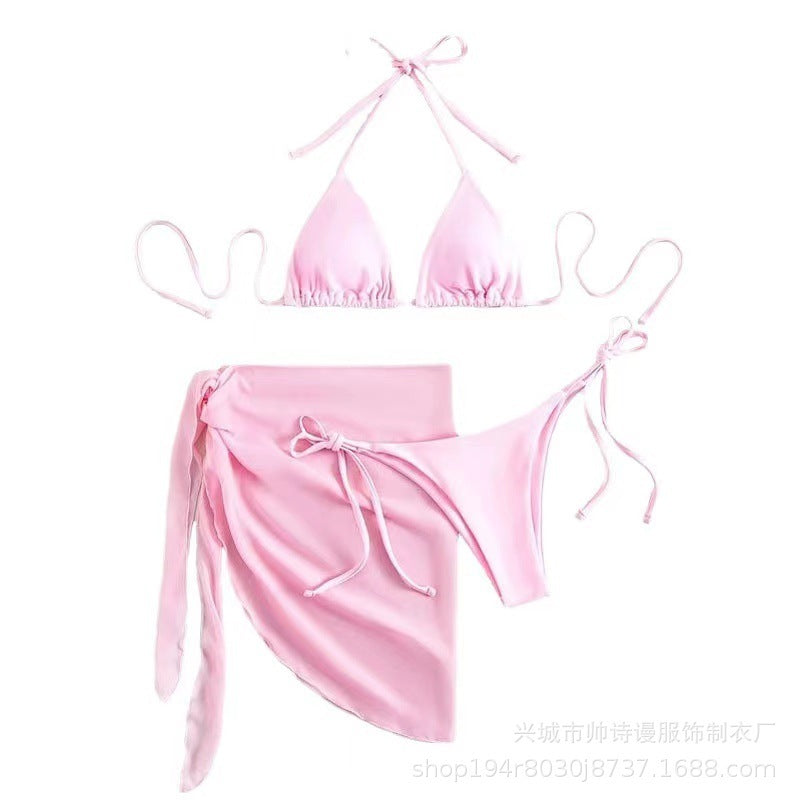 European And American Foreign Trade New Solid Color Triangle Cup Lace-up Bikini Three-piece Set