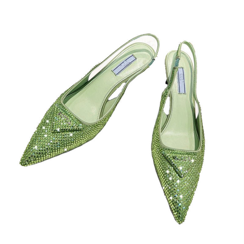Women's Triangle Pointed Rhinestone Cat Heel Sandals