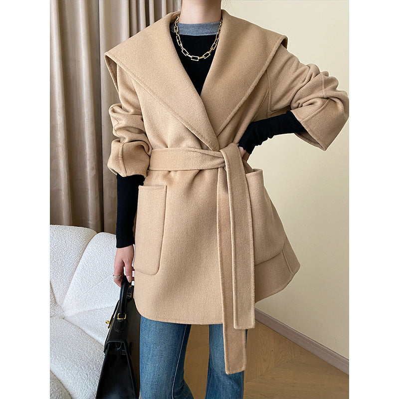 French Cape Style Full Hand Sewing Tribute Needle Small Hooded Wool Reversible Woolen Coat