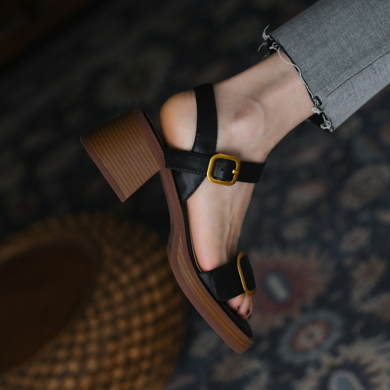 Women's Metal Belt Buckle Flat Sandals