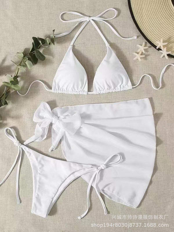 European And American Foreign Trade New Solid Color Triangle Cup Lace-up Bikini Three-piece Set