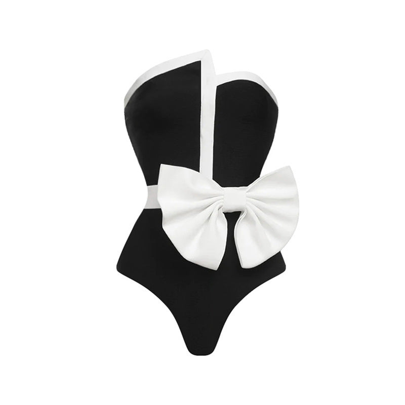 Black And White Color-blocking Bow Irregular Tube Top One-piece Swimsuit For Women