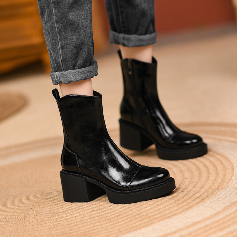 Women's Round Toe Horse Oil Leather Ankle Boots