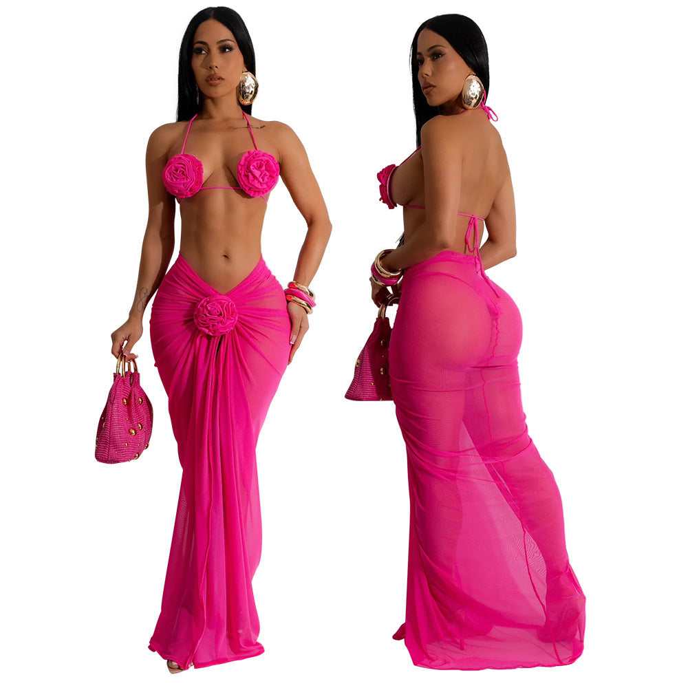 Colorful Backless Drawstring Neck Bikini Three Piece Set