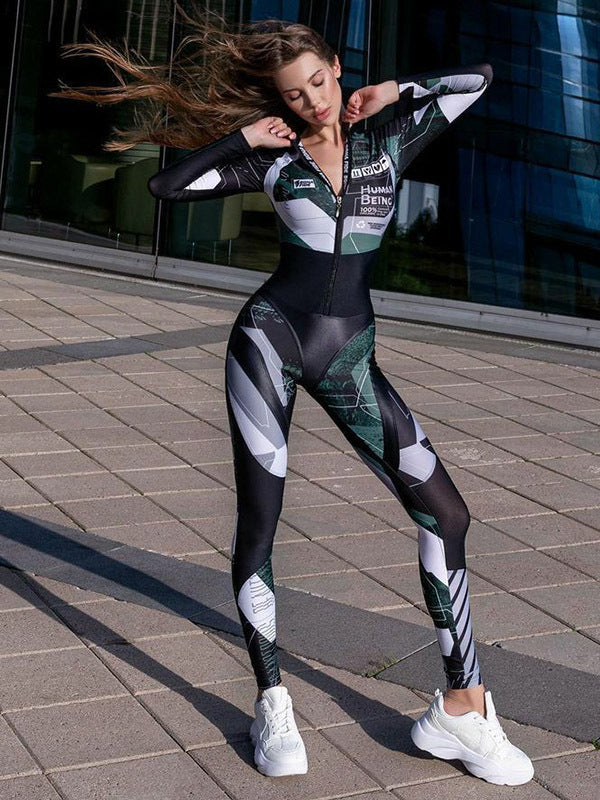 Women's Sports Contrast Color Zipper Long Sleeve Tight One-piece Swimsuit