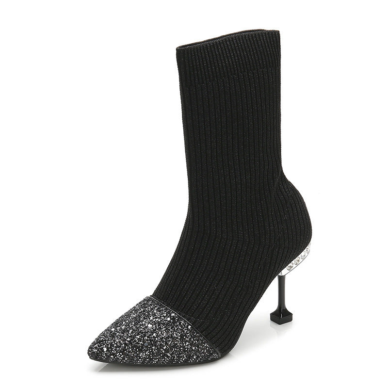Fashion New Knitted Stitching GREAT Sequined Ankle Boots Autumn And Winter Slimming Knitted Fur Boots Pointed Stiletto Heel Socks Boots