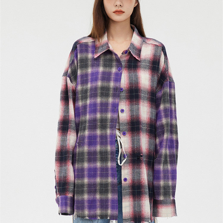 Women's Loose Two Tone Panel Plaid Ripped Shirt