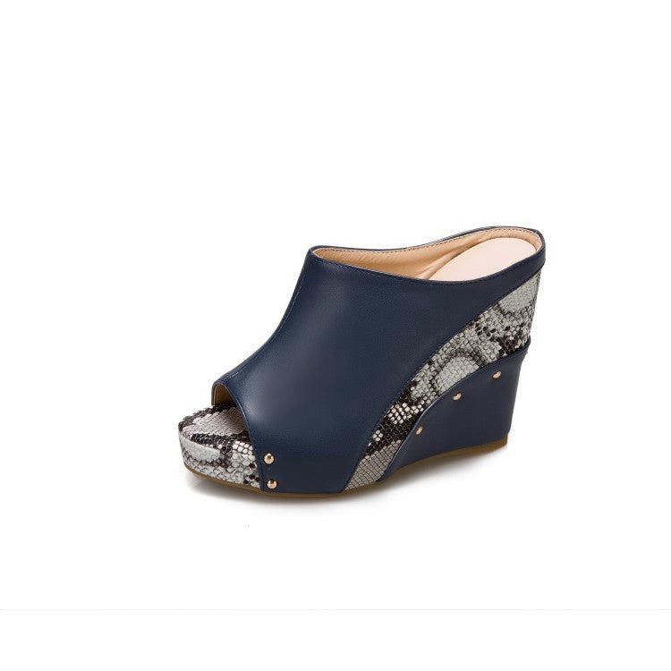New European And American Windfish Mouth Color-blocking Wedge Heel Large Size Female Sandals