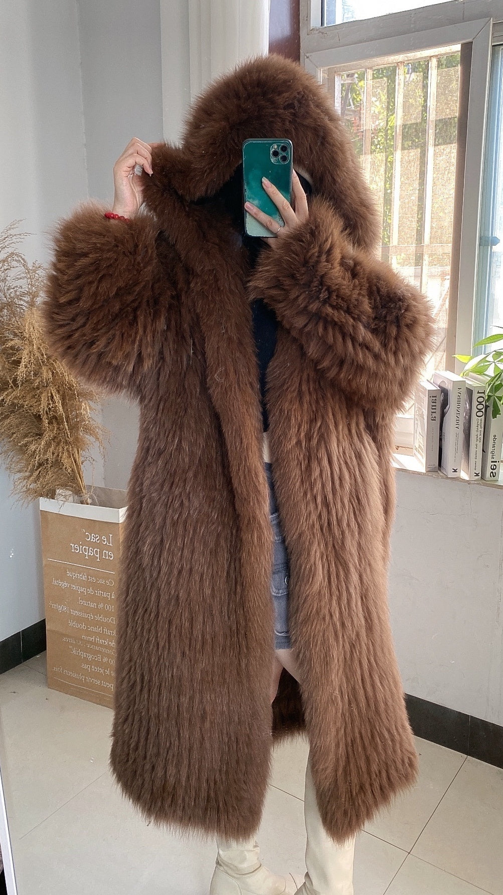 Gray Braided Fox Fur Hooded Loose Over The Knee Fur Coat