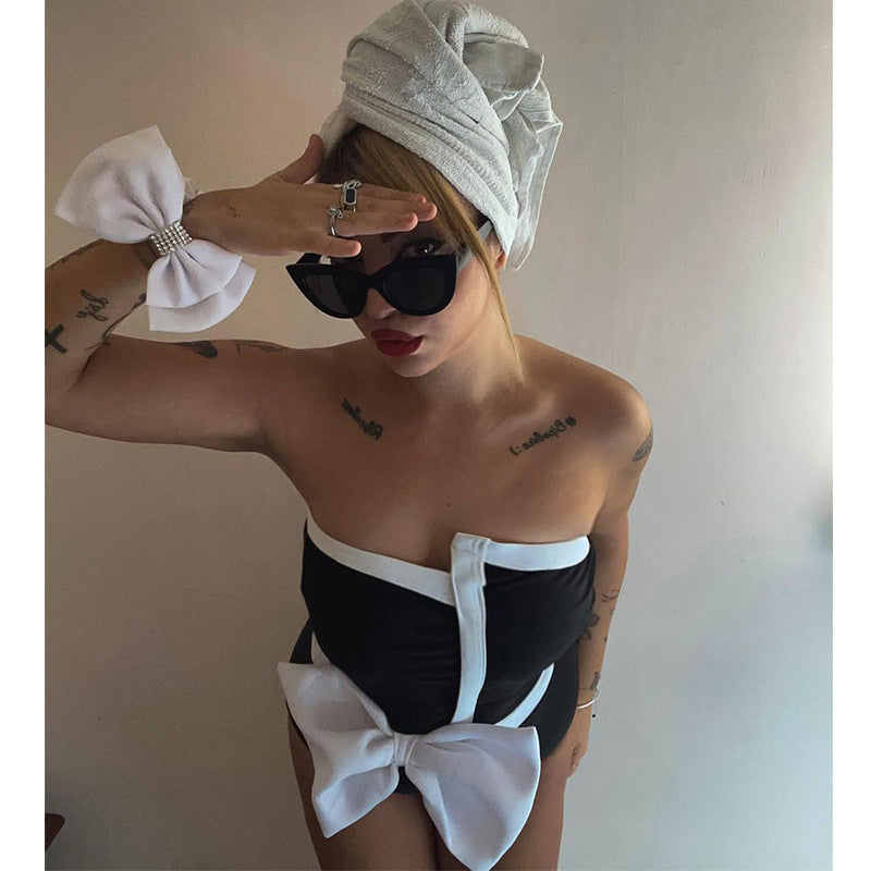 Black And White Color-blocking Bow Irregular Tube Top One-piece Swimsuit For Women