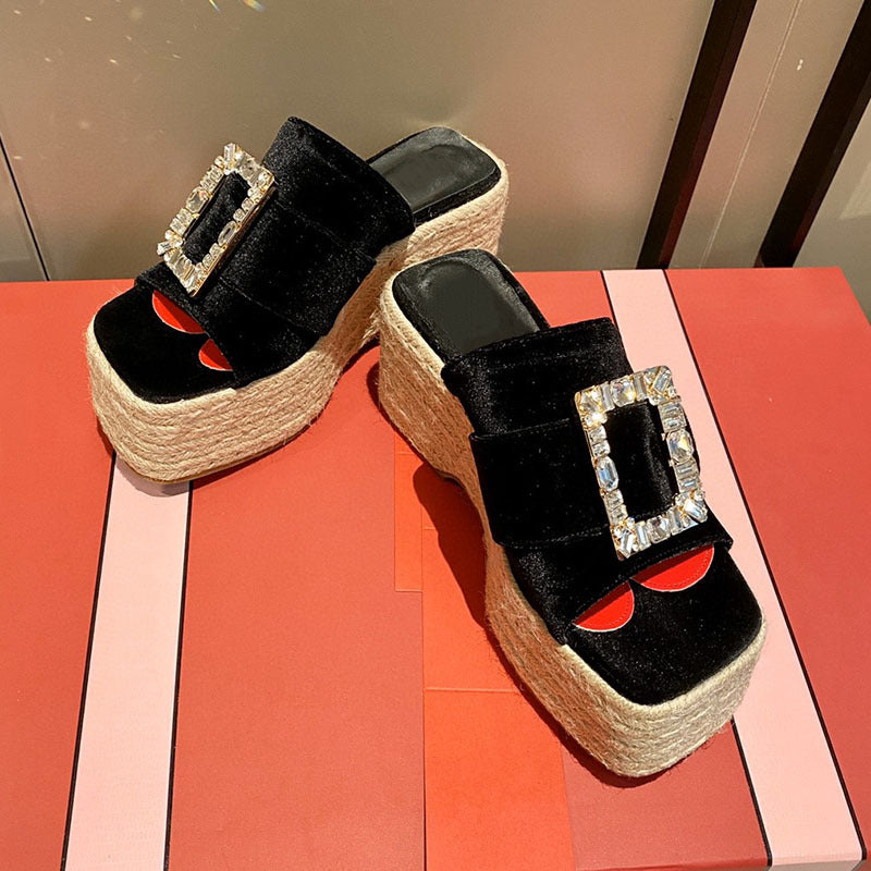 Women's Rhinestone Square Buckle Hemp Rope Slippers