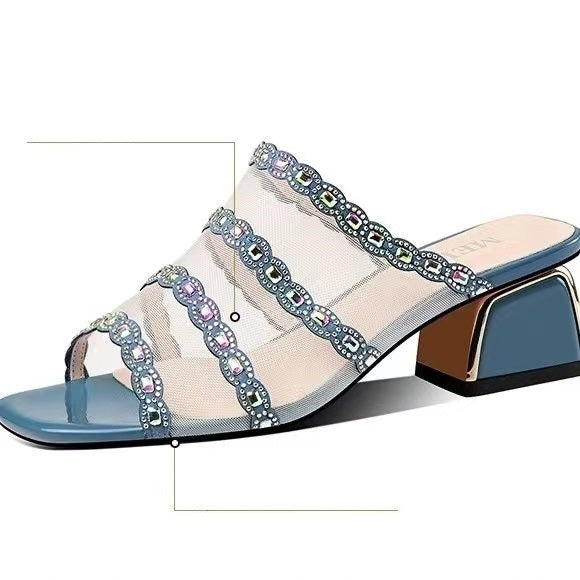 Women's Colored Diamond Breathable Mesh Mid-heel Sandals And Slippers