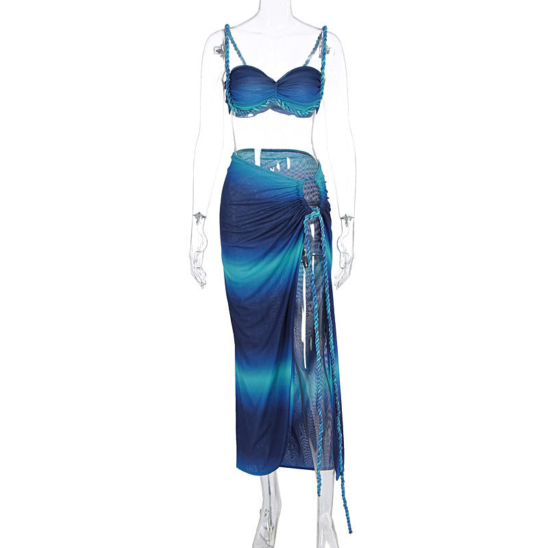Sexy Fashion Beach Swimsuit Woven Halter Top Top Split Skirt Suit