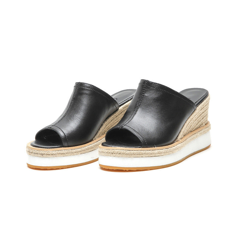 Straw Leather Wedge Sandals And Slippers