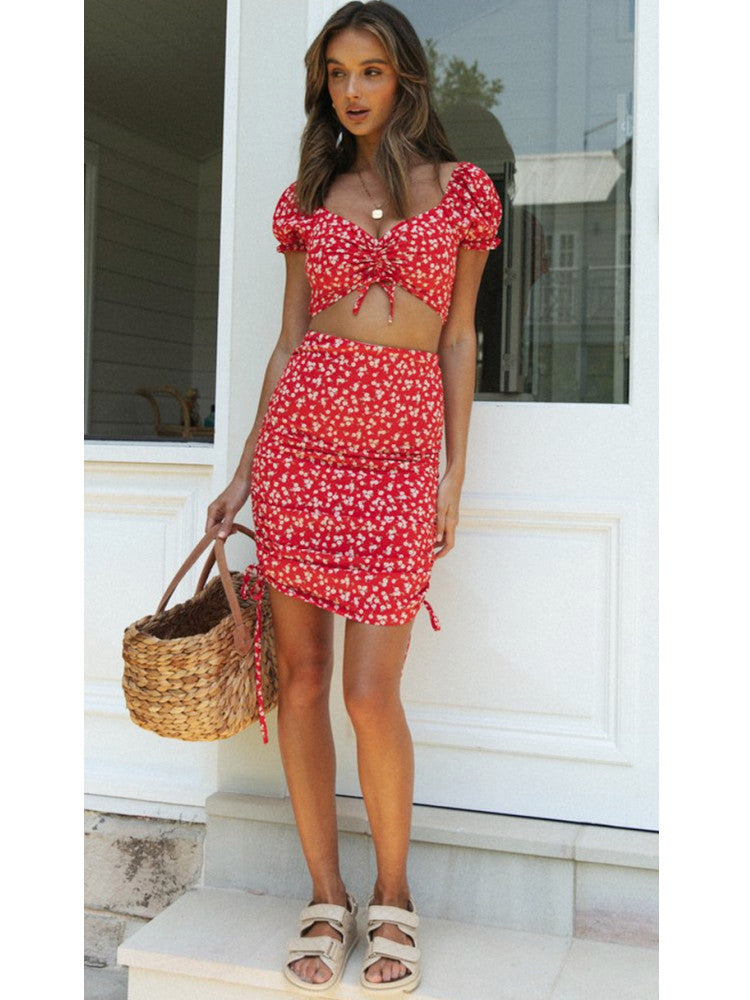 Ladies Fashion Pleated Tie Skirt Suit