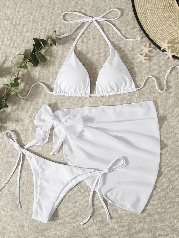 European And American Foreign Trade New Solid Color Triangle Cup Lace-up Bikini Three-piece Set