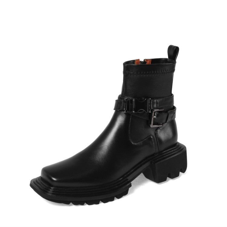 Black Side Zip Platform Buckle Boots
