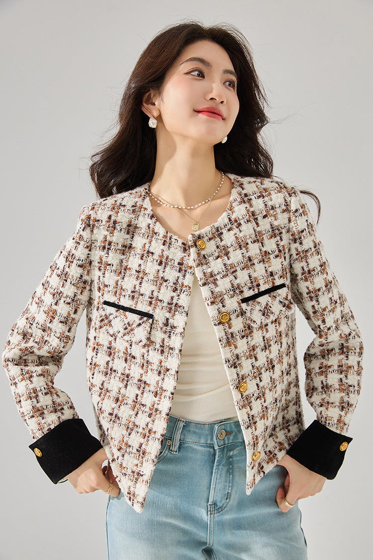 Classic Retro Velvet Stitching Small Kafuu Plaid Tweed Short Coat Top 15381