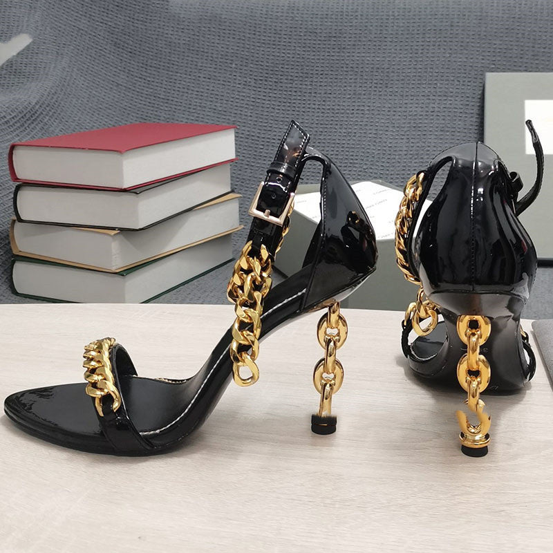 Pure Color Chain Pointed Shallow Mouth Simple High Heel Sandals