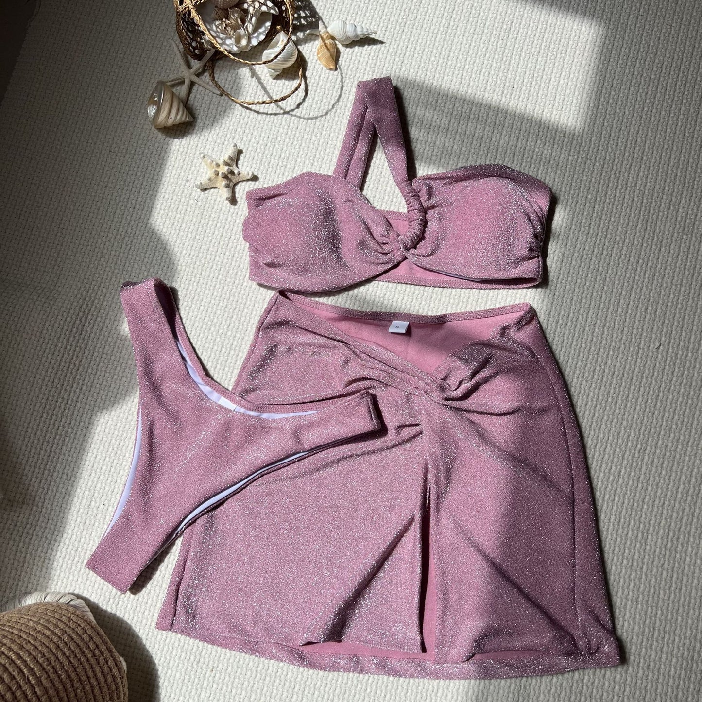 One-shoulder Tube Top Glossy Cloth Three Piece Swimsuit