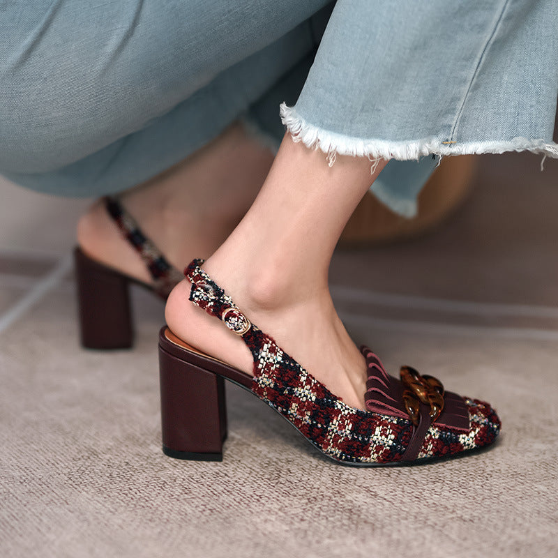 Shallow Plaid Cloth Head Tassel Sandals Fairy Small Fragrance
