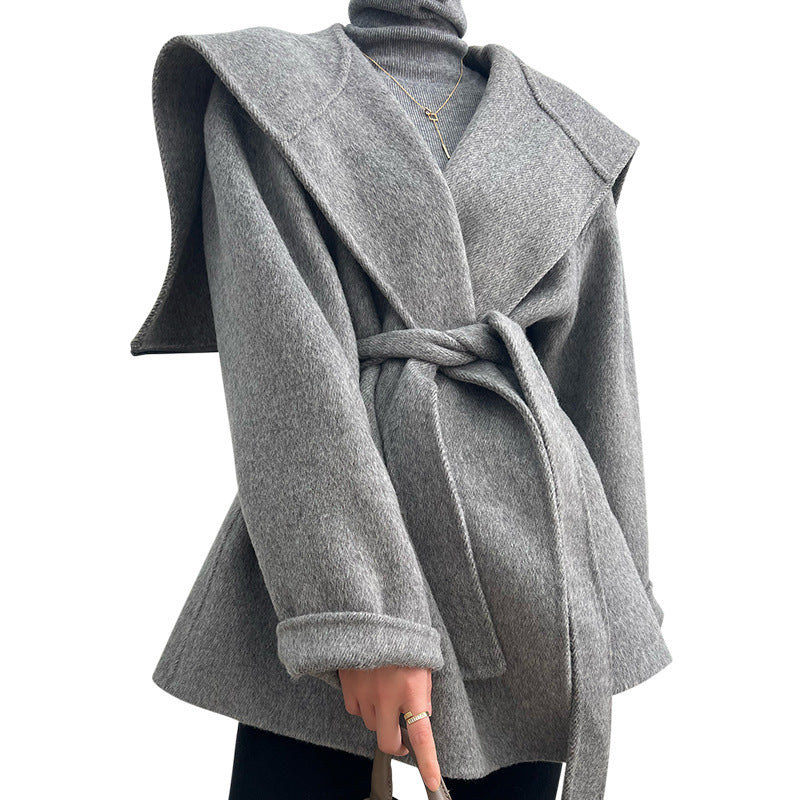 Thickened Alpaca Fleecefiber Coat Small Cape Woolen Coat Women's Short Hood Lace-up Loose Double-sided