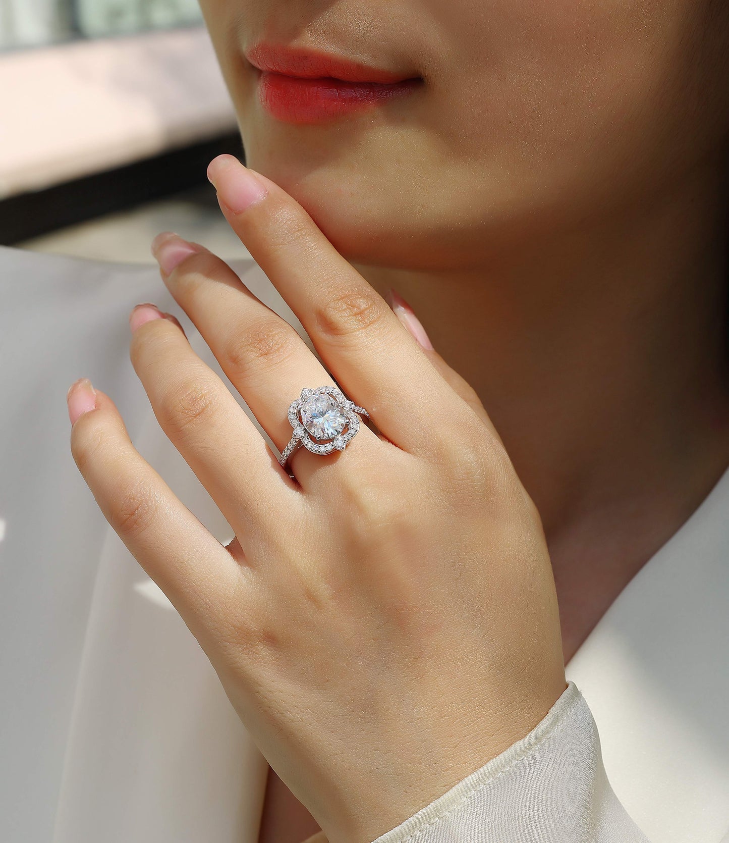 Camellia - Set With Top-quality Egg-shaped Moissanite S925 Silver And Platinum-plated Diamond Wedding Ring. The Ring Can Be Inspected With A Diamond Pen