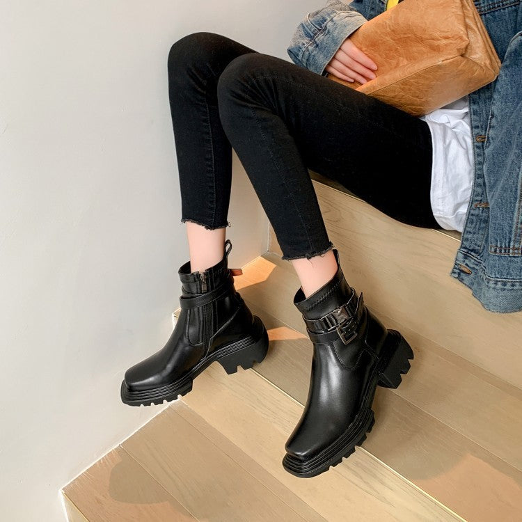 Black Side Zip Platform Buckle Boots
