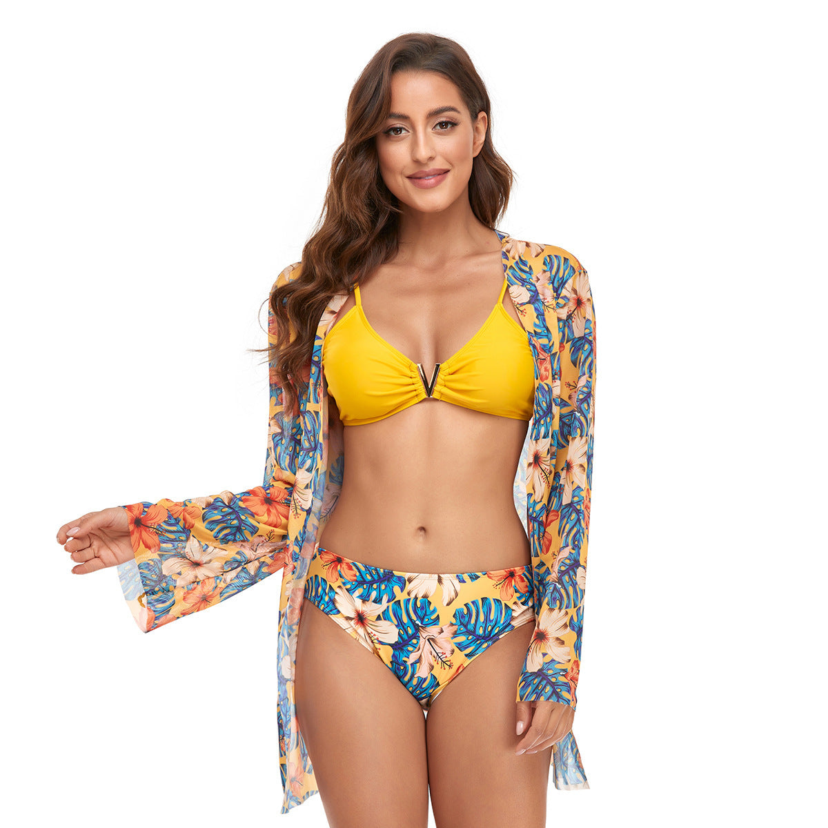 Three-Piece V Buckle Solid Color Printing Triangle Bikini