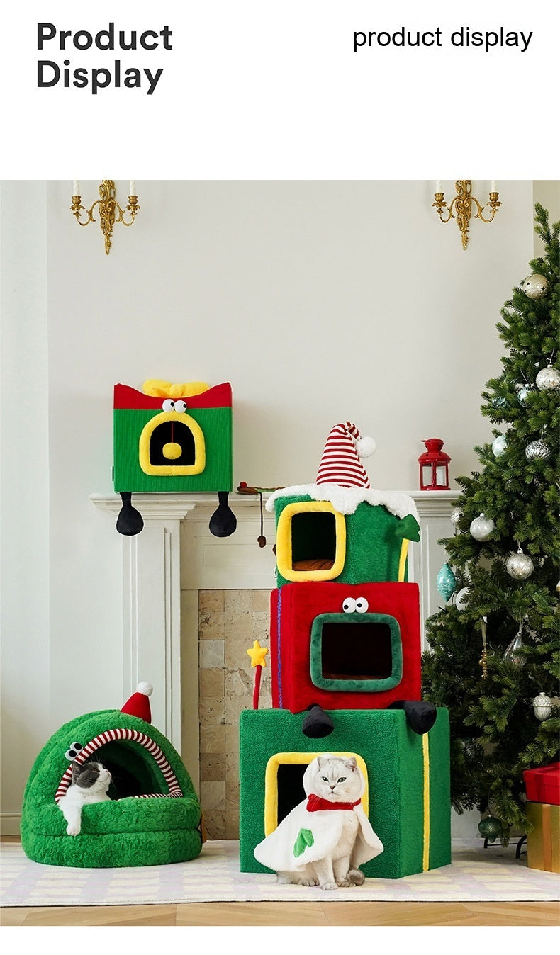 Christmas Green Furry Yurt Cat Nest Semi-closed And Removable Washing