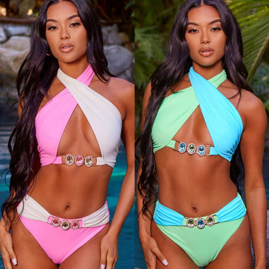 Solid Color Cross Lace-up Cutout Split Swimsuit For Women
