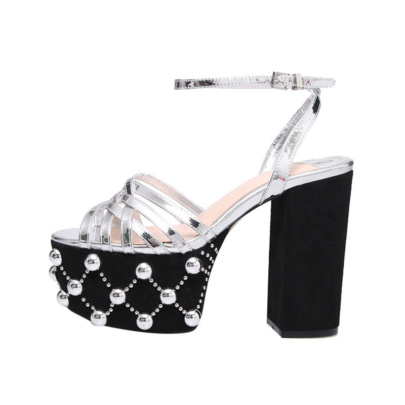 European And American Round Toe High Heels With Rivet Buckle Strap