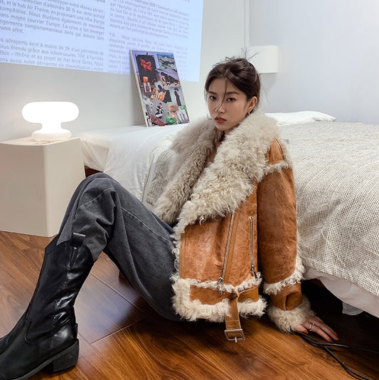 Women's Faux Leather Lamb Roll Fur Coat