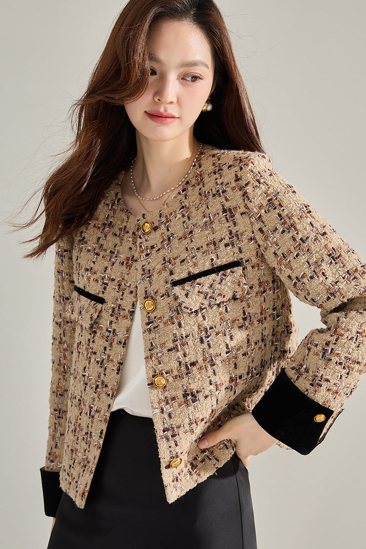 Classic Retro Velvet Stitching Small Kafuu Plaid Tweed Short Coat Top 15381