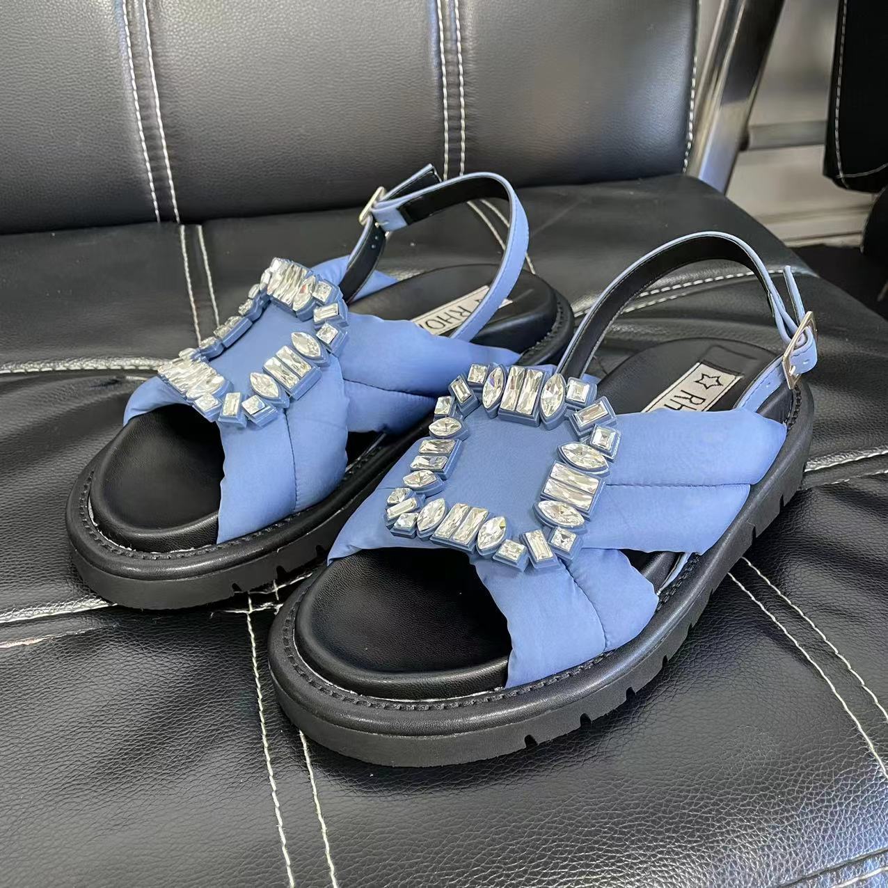 Women's Fashion Casual Rhinestone Square Buckle Flat Sandals
