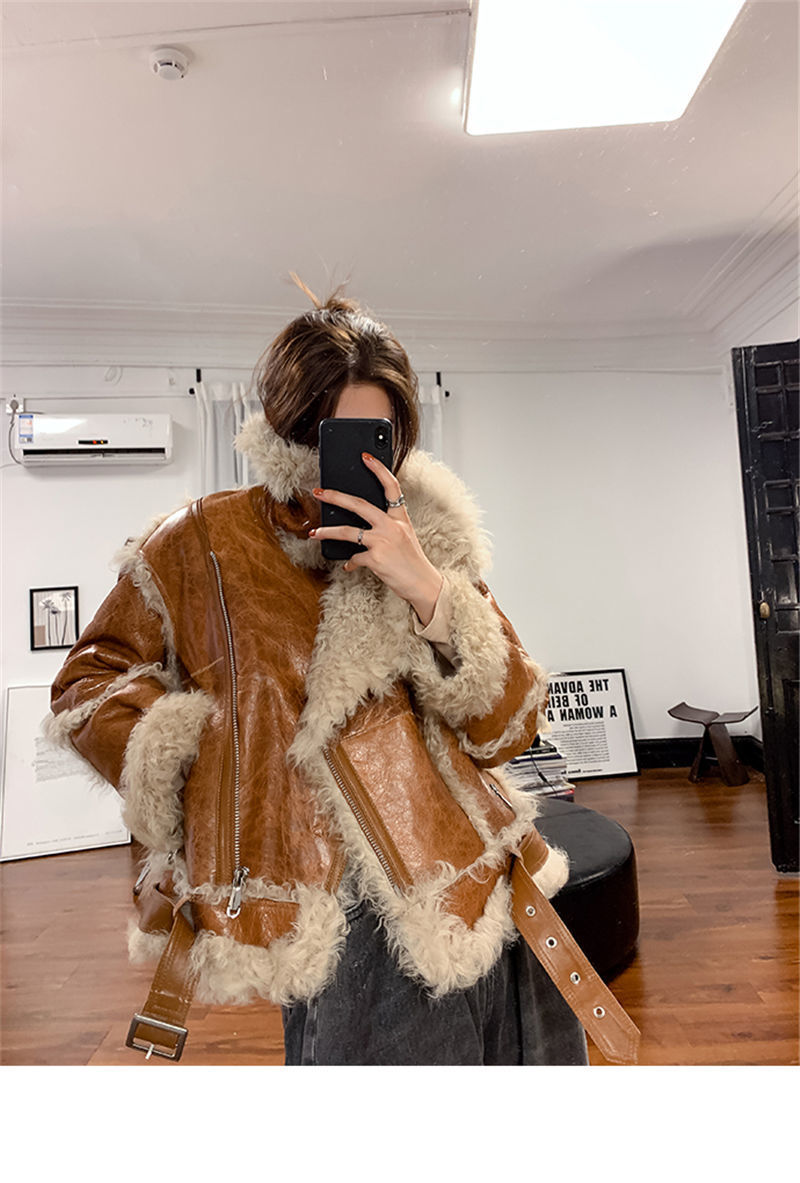 Women's Faux Leather Lamb Roll Fur Coat