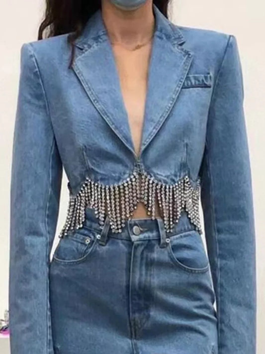 Women's Hem Fringe Diamond Chain Decoration Denim Jacket