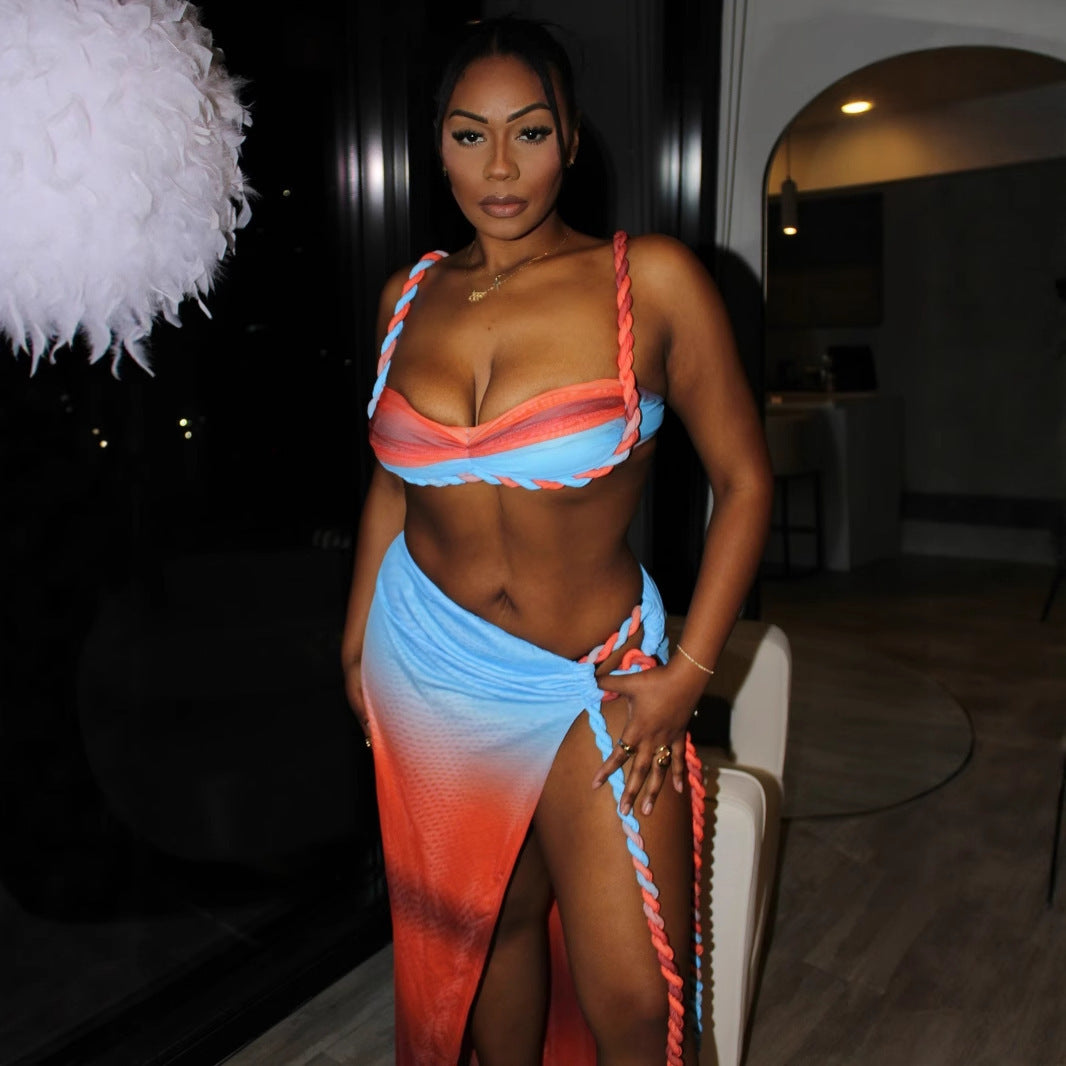 Sexy Fashion Beach Swimsuit Woven Halter Top Top Split Skirt Suit