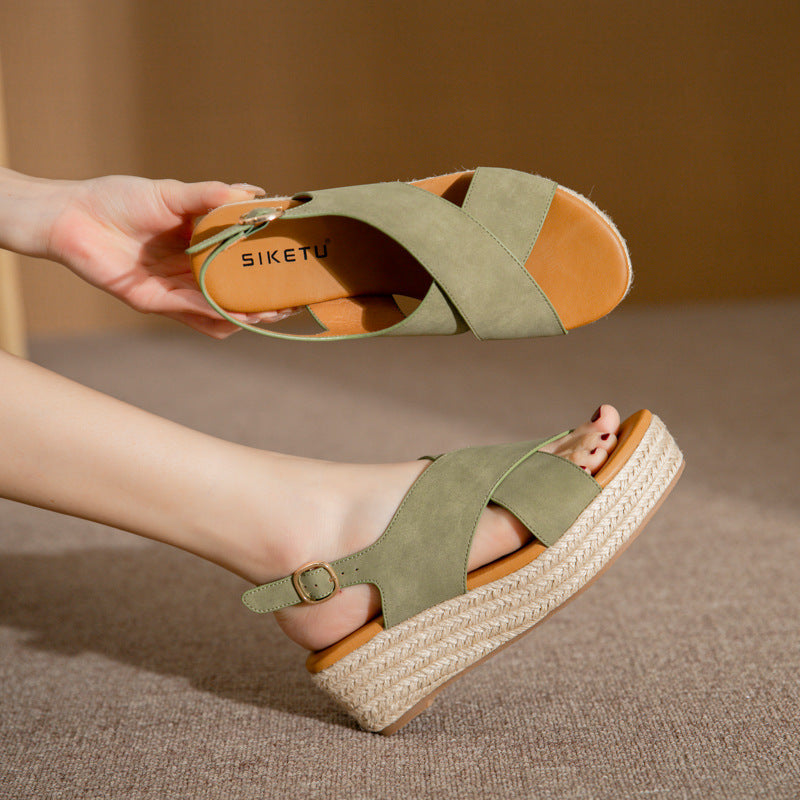Women's Cross Strap Fish Mouth Wedge Heel Hemp Rope Platform Platform Sandals