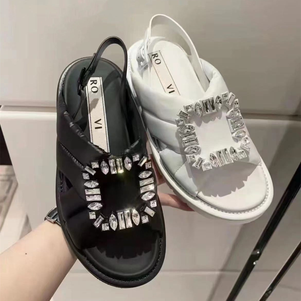 Women's Fashion Casual Rhinestone Square Buckle Flat Sandals