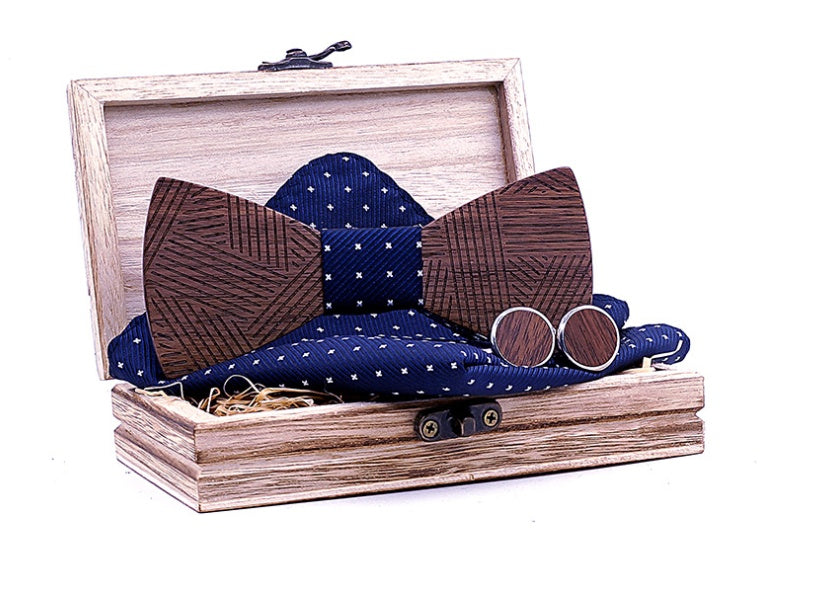 Black Walnut Line Carved Wooden Bow Tie